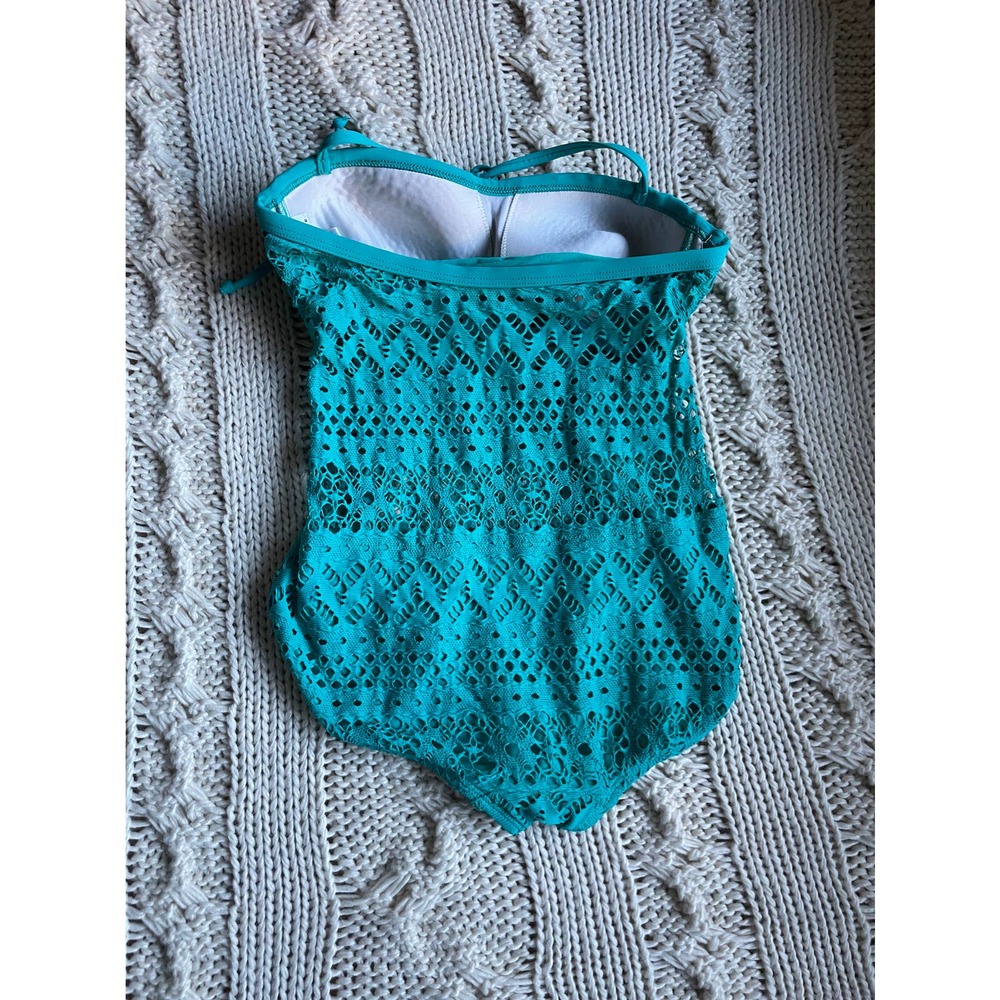 Robin Piconne Teal Crotchet Overlay One Piece Swimsuit - Picture 3 of 6